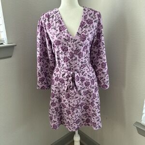 Loft Women's Floral V-neck 3/4 Sleeve Midi A-Line Dress Tie Waist Size Medium